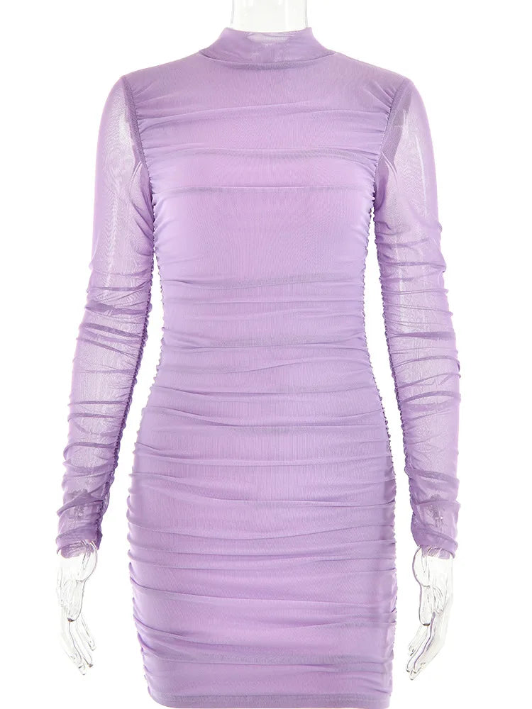 Vestido minivestido de mujer con cuello redondo, manga larga en contraste, elástico, ajustado y con volantes para fiesta urbana, moda otoño 2025, nuevo