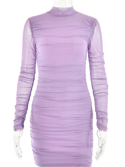 Vestido minivestido de mujer con cuello redondo, manga larga en contraste, elástico, ajustado y con volantes para fiesta urbana, moda otoño 2025, nuevo
