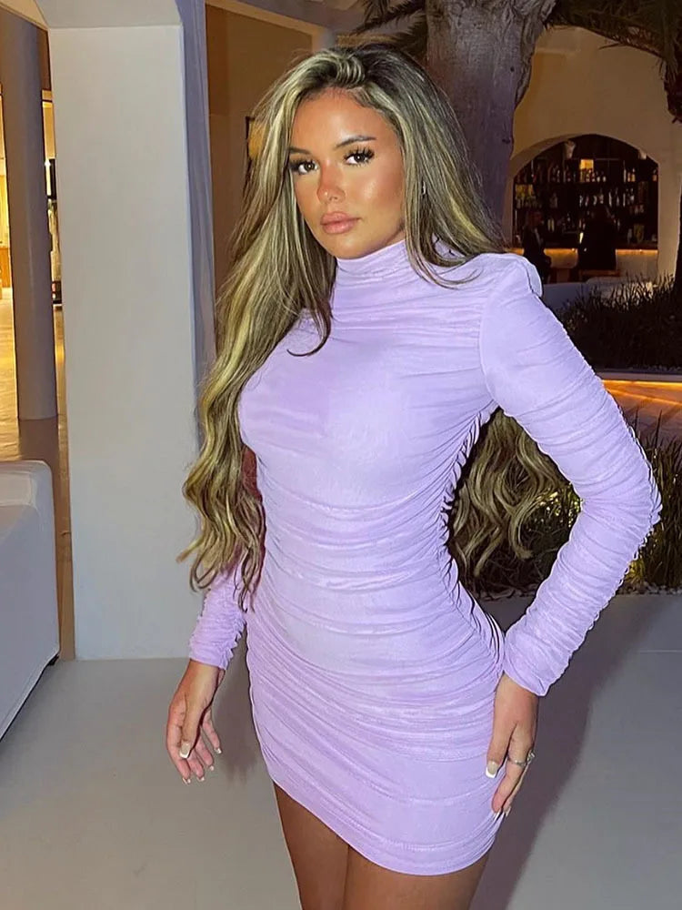 Vestido minivestido de mujer con cuello redondo, manga larga en contraste, elástico, ajustado y con volantes para fiesta urbana, moda otoño 2025, nuevo