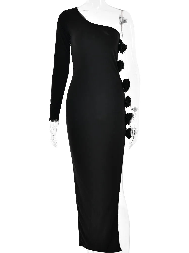 One Shoulder Long Sleeve 3D Flower Dress Women’s High Split Bodycon Backless Midi Dress Female Party Club Evening Dress
