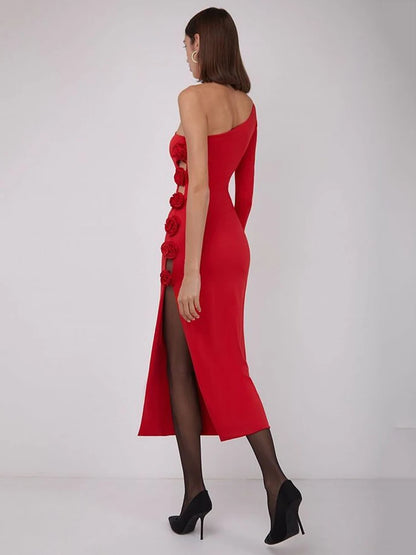 One Shoulder Long Sleeve 3D Flower Dress Women’s High Split Bodycon Backless Midi Dress Female Party Club Evening Dress