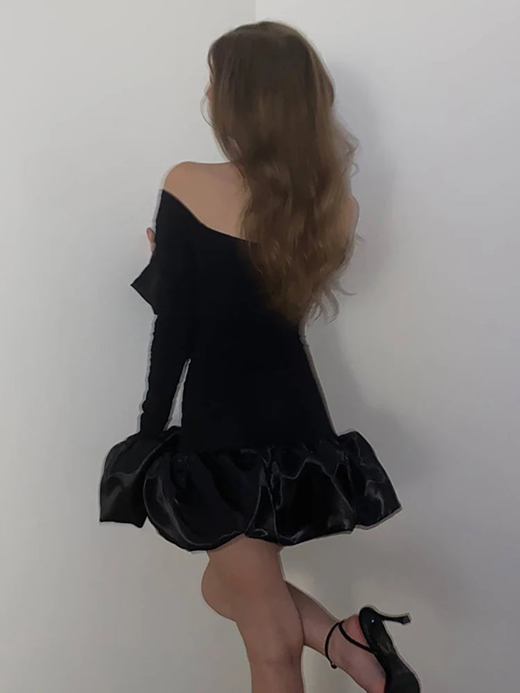 Patchwork Sexy Off Shoulder Women Dress White Long Sleeve High Waist Dress Female Autumn New Elegant Party Clubwear