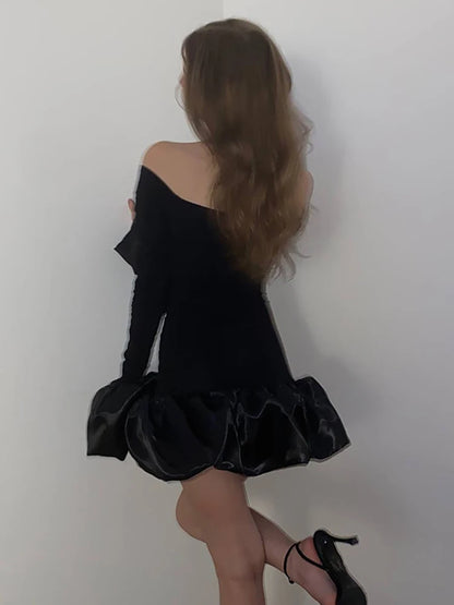 Patchwork Sexy Off Shoulder Women Dress White Long Sleeve High Waist Dress Female Autumn New Elegant Party Clubwear