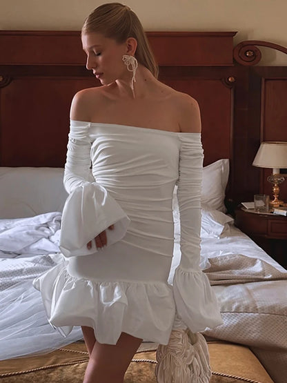 Patchwork Sexy Off Shoulder Women Dress White Long Sleeve High Waist Dress Female Autumn New Elegant Party Clubwear