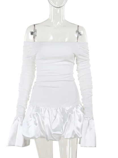 Patchwork Sexy Off Shoulder Women Dress White Long Sleeve High Waist Dress Female Autumn New Elegant Party Clubwear
