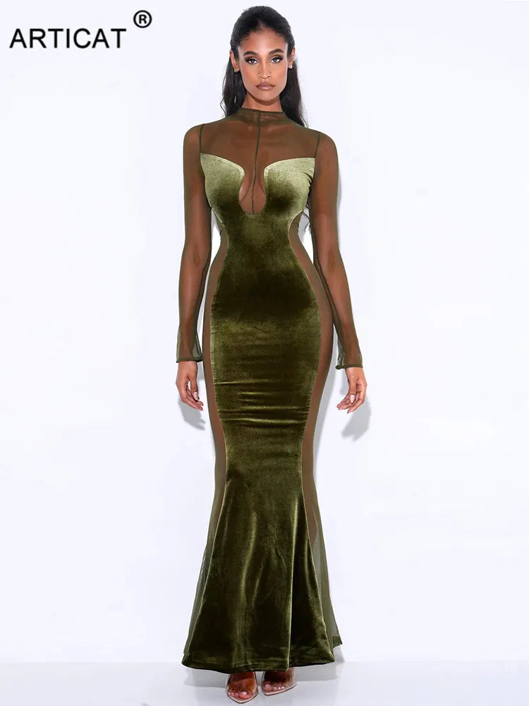 Vestido de noche verde de manga larga para mujer, sexy, transparente, de malla, ajustado, elegante, para fiesta y club, para otoño