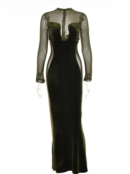 Vestido de noche verde de manga larga para mujer, sexy, transparente, de malla, ajustado, elegante, para fiesta y club, para otoño