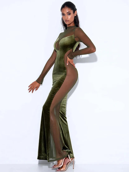 Vestido de noche verde de manga larga para mujer, sexy, transparente, de malla, ajustado, elegante, para fiesta y club, para otoño