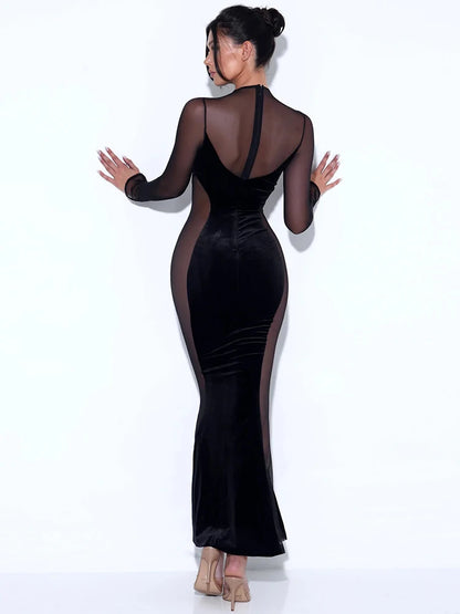 Vestido de noche verde de manga larga para mujer, sexy, transparente, de malla, ajustado, elegante, para fiesta y club, para otoño
