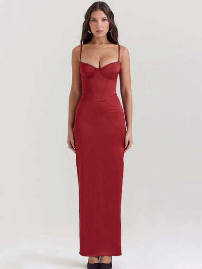 Red Sexy Spaghetti Strap Bodycon Elegant Dress For Women Slim Fit Evening Dress Split Maxi Vesidos Party Club Clothing