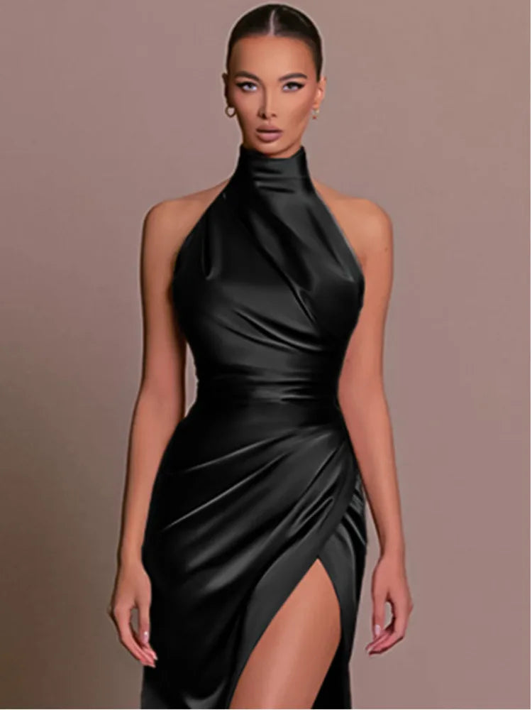 Vestido ajustado sin mangas con cuello colgante de satén para mujer, vestido largo ajustado de verano, elegante vestido de fiesta de noche