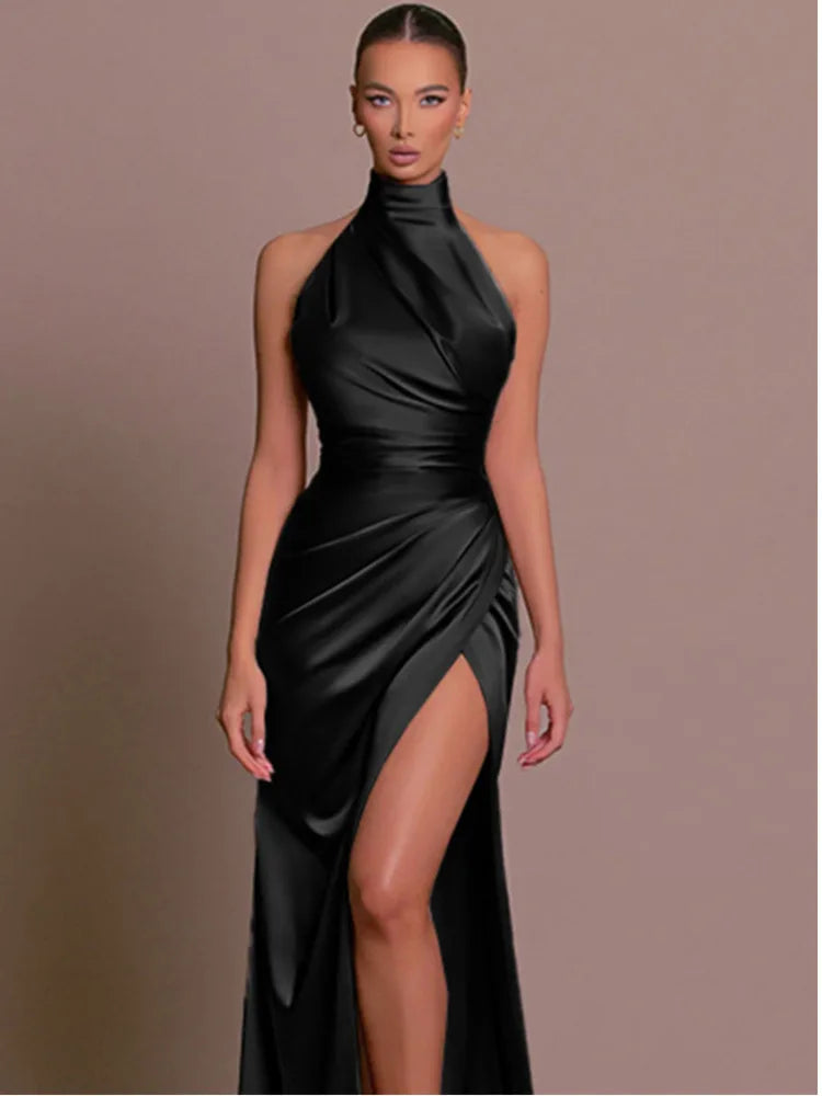 Vestido ajustado sin mangas con cuello colgante de satén para mujer, vestido largo ajustado de verano, elegante vestido de fiesta de noche