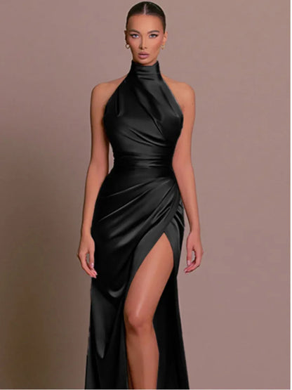 Vestido ajustado sin mangas con cuello colgante de satén para mujer, vestido largo ajustado de verano, elegante vestido de fiesta de noche