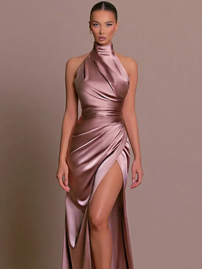 Vestido ajustado sin mangas con cuello colgante de satén para mujer, vestido largo ajustado de verano, elegante vestido de fiesta de noche