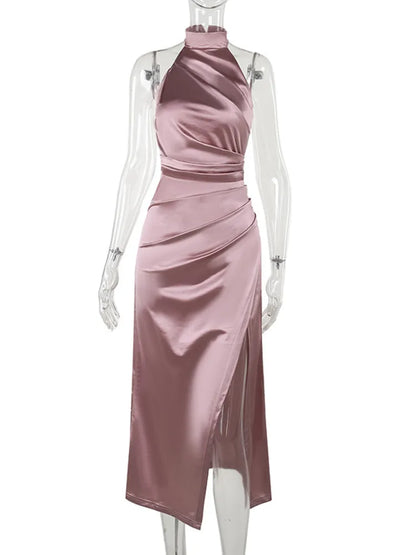 Vestido ajustado sin mangas con cuello colgante de satén para mujer, vestido largo ajustado de verano, elegante vestido de fiesta de noche