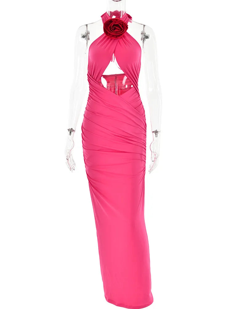 Vestido maxi sexy con flores 3D, sin espalda, calado, con cremallera, sin mangas, ajustado, para fiesta, club y noche.