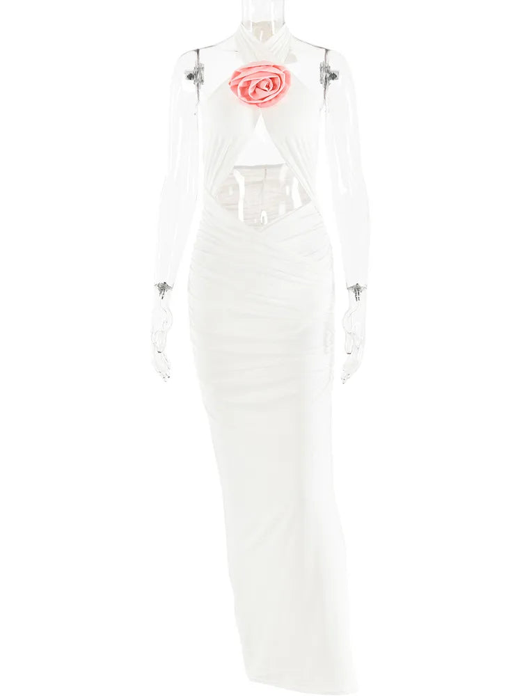 Vestido maxi sexy con flores 3D, sin espalda, calado, con cremallera, sin mangas, ajustado, para fiesta, club y noche.