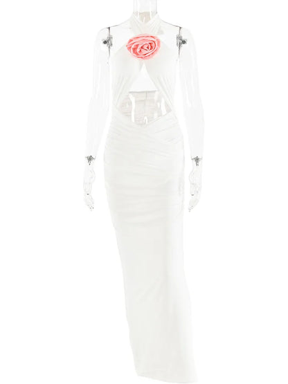 Vestido maxi sexy con flores 3D, sin espalda, calado, con cremallera, sin mangas, ajustado, para fiesta, club y noche.