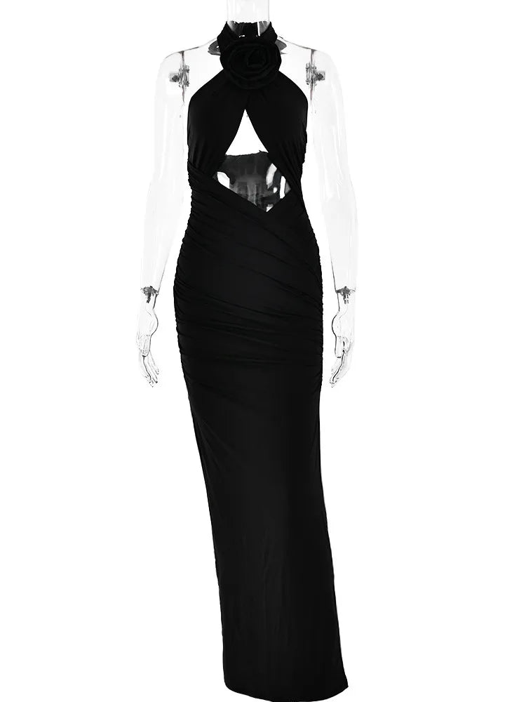 Vestido maxi sexy con flores 3D, sin espalda, calado, con cremallera, sin mangas, ajustado, para fiesta, club y noche.