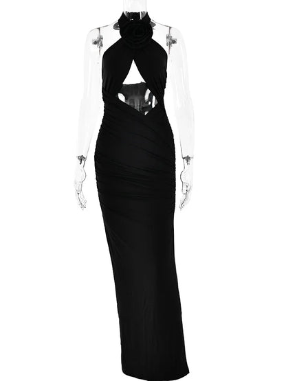 Vestido maxi sexy con flores 3D, sin espalda, calado, con cremallera, sin mangas, ajustado, para fiesta, club y noche.
