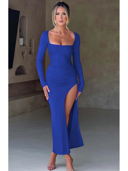 Sexy Bodycon High Split Drawstring Dress Women Long Sleeve Tight Evening Dress Party Female Elegant Maxi Dress AutumnNew