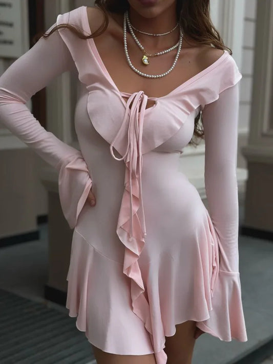 Falda sexy ajustada con volantes y alta elasticidad para mujer, elegante, con cordones, plisada, de manga larga, para otoño e invierno, nuevo vestido