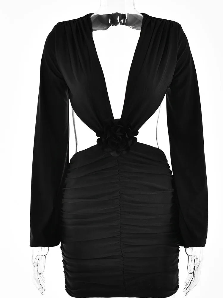 Sexy Deep V 3D Flower Women’s Dress Bodycon Hollow Out Backless Long Sleeve Folds Female Mini Dress Party Club Vestidos