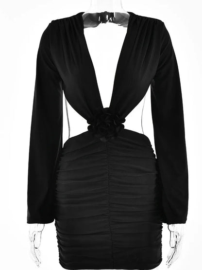 Sexy Deep V 3D Flower Women’s Dress Bodycon Hollow Out Backless Long Sleeve Folds Female Mini Dress Party Club Vestidos