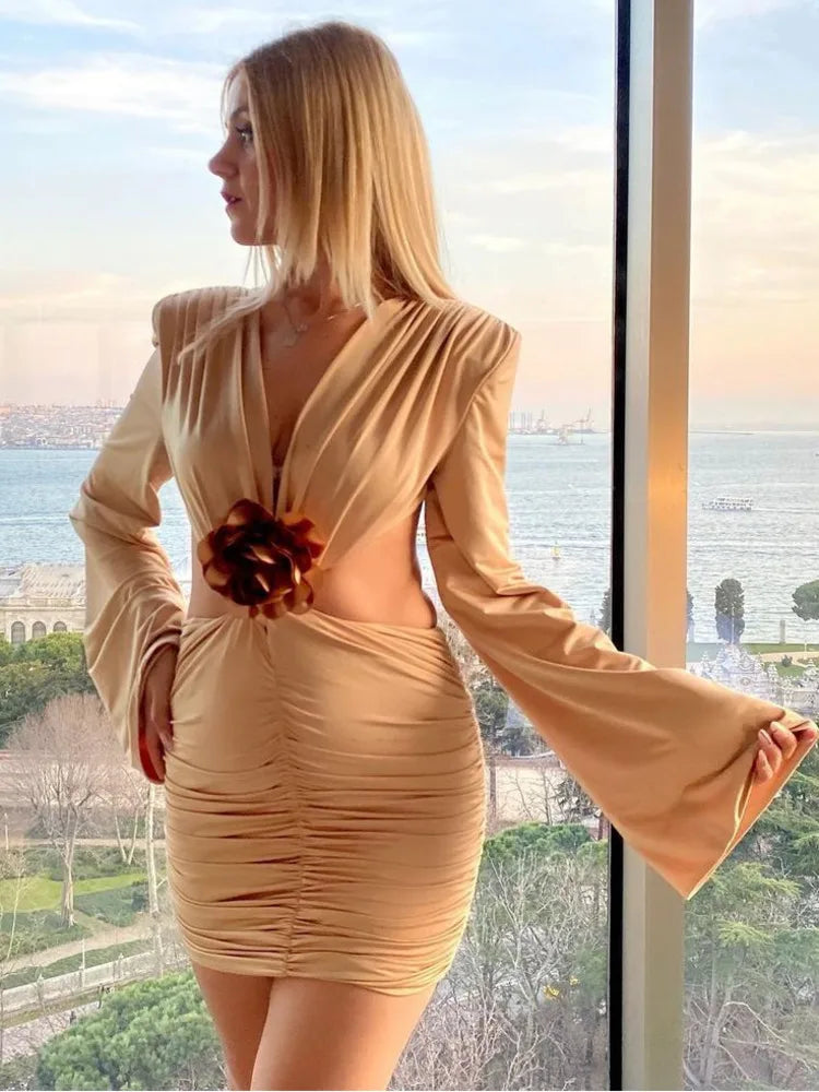 Sexy Deep V 3D Flower Women’s Dress Bodycon Hollow Out Backless Long Sleeve Folds Female Mini Dress Party Club Vestidos