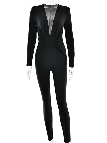 Mono sexy ajustado de manga larga con escote en V profundo y elástico para mujer, otoño e invierno 2025, nuevo mono femenino, ropa de calle con temperamento.