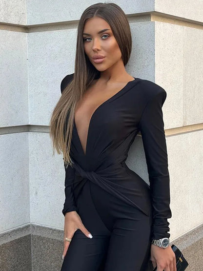Mono sexy ajustado de manga larga con escote en V profundo y elástico para mujer, otoño e invierno 2025, nuevo mono femenino, ropa de calle con temperamento.