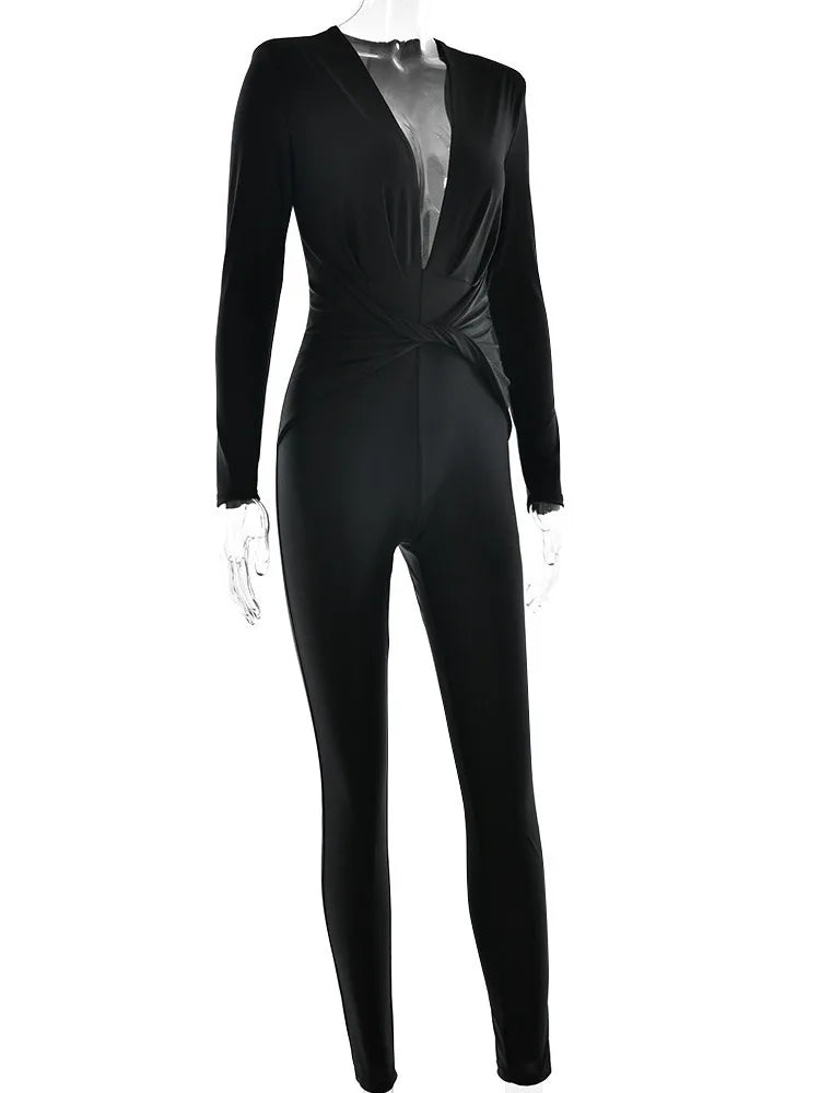 Mono sexy ajustado de manga larga con escote en V profundo y elástico para mujer, otoño e invierno 2025, nuevo mono femenino, ropa de calle con temperamento.