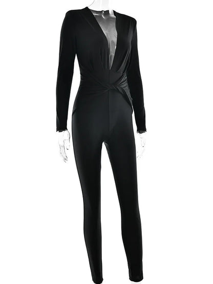 Mono sexy ajustado de manga larga con escote en V profundo y elástico para mujer, otoño e invierno 2025, nuevo mono femenino, ropa de calle con temperamento.