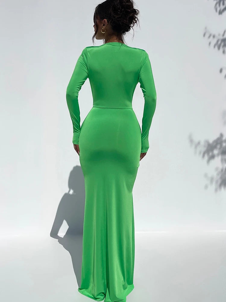 Vestido sexy ajustado de manga larga con escote en V profundo para mujer, corte entallado, con cordones y abertura alta, vestido maxi para fiesta, club y noche.