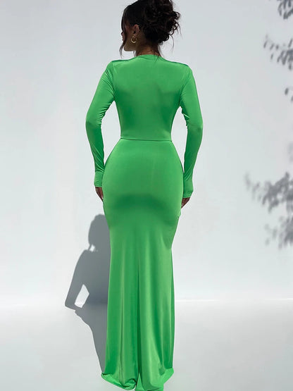 Vestido sexy ajustado de manga larga con escote en V profundo para mujer, corte entallado, con cordones y abertura alta, vestido maxi para fiesta, club y noche.