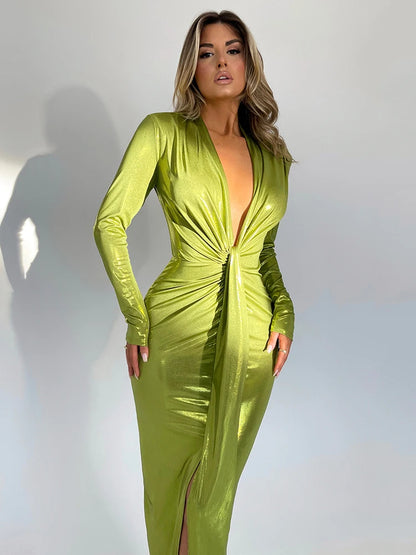 Sexy Deep V Long Sleeve Lace Up Pleated Dress For Women Bodycon Split Metal Color Winter Party Club Evening Vestidos