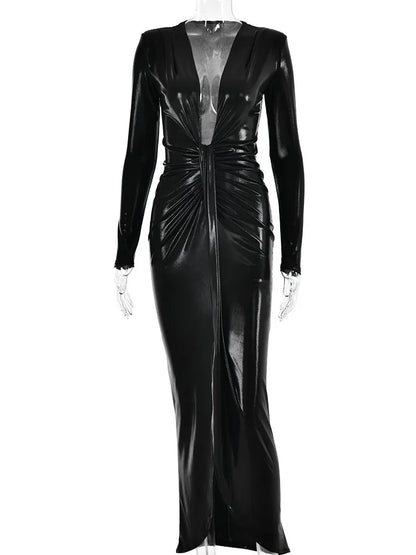 Sexy Deep V Long Sleeve Lace Up Pleated Dress For Women Bodycon Split Metal Color Winter Party Club Evening Vestidos