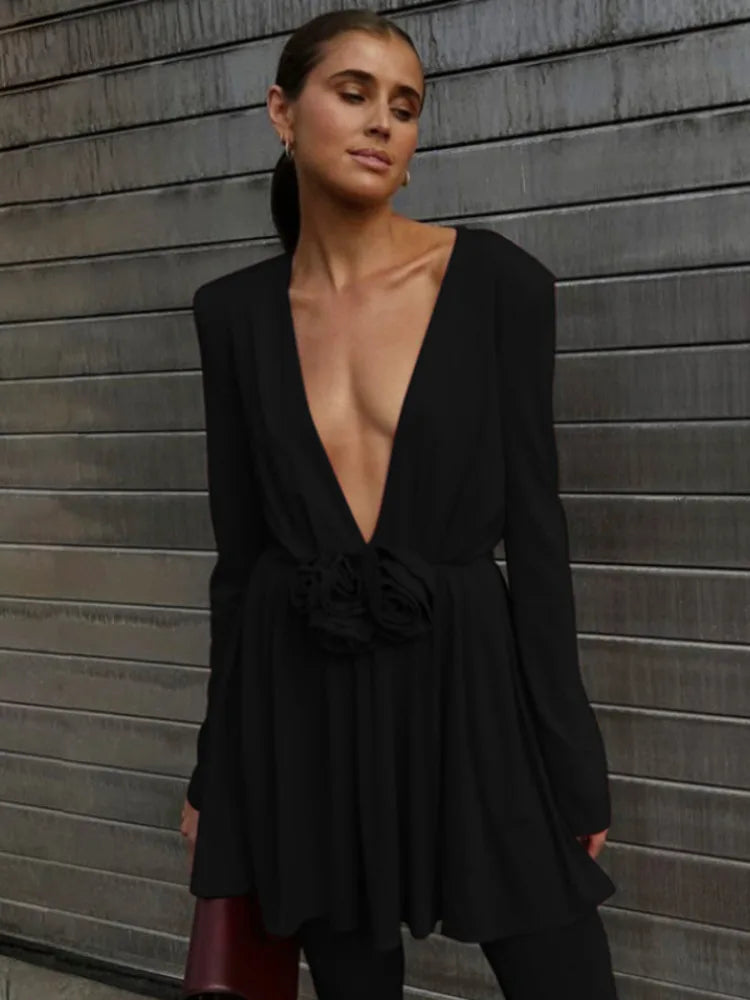 Vestido sexy con escote en V profundo y mangas largas con estampado floral 3D para mujer, nuevo vestido ajustado de otoño a la moda para fiesta y club.