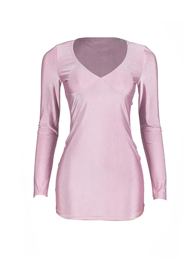 Falda corta ajustada con escote en V profundo y manga larga para mujer, sexy, elástica, estilo jersey, de cintura alta, para fiesta y calle.