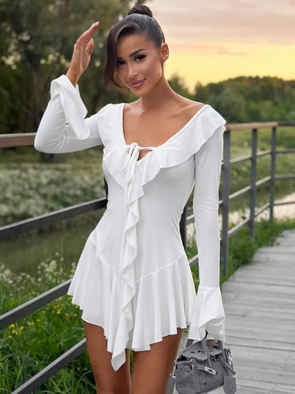 Sexy Deep V Ruffled Bodycon Short Skirt For Women  Fall Ruffled Flared Sleeves Party Evening Dress Street Clothing