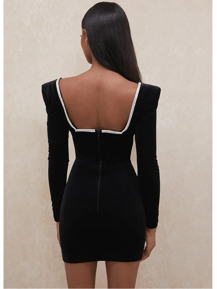 Vestido corto sexy de terciopelo con escote en V profundo, espalda descubierta, manga larga y cintura alta para mujer, ropa de fiesta y club.