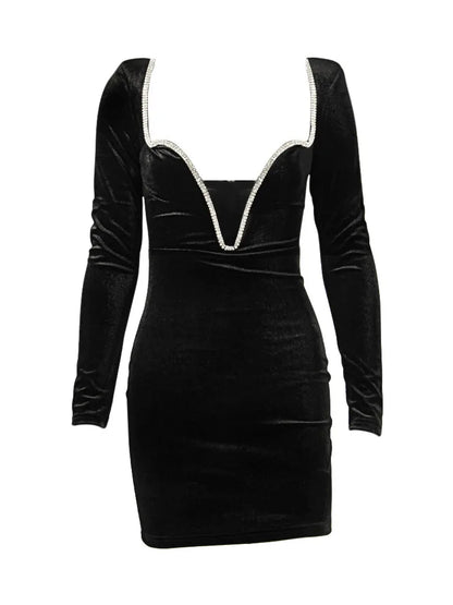 Vestido corto sexy de terciopelo con escote en V profundo, espalda descubierta, manga larga y cintura alta para mujer, ropa de fiesta y club.
