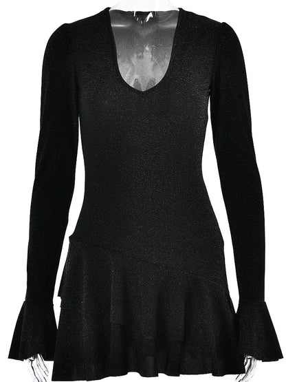 Sexy DeepV Brilliant Silk Long Sleeve Dress Women Ruffled Bodycon Mini Dress Female Tight Elegant Party Evening Vestidos