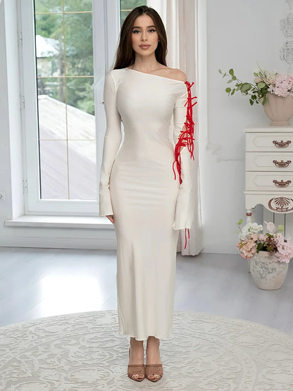 Vestido sexy de cuello diagonal acampanado con lazo y mangas largas con cordones para mujer, vestido ajustado elegante para fiesta, club, noche, vestidos ajustados