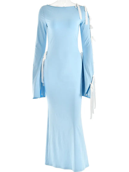 Vestido sexy de cuello diagonal acampanado con lazo y mangas largas con cordones para mujer, vestido ajustado elegante para fiesta, club, noche, vestidos ajustados