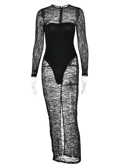 Vestido ajustado sexy de encaje de manga larga para mujer, vestido ajustado con abertura y perspectiva, elegante para fiesta, club y noche.