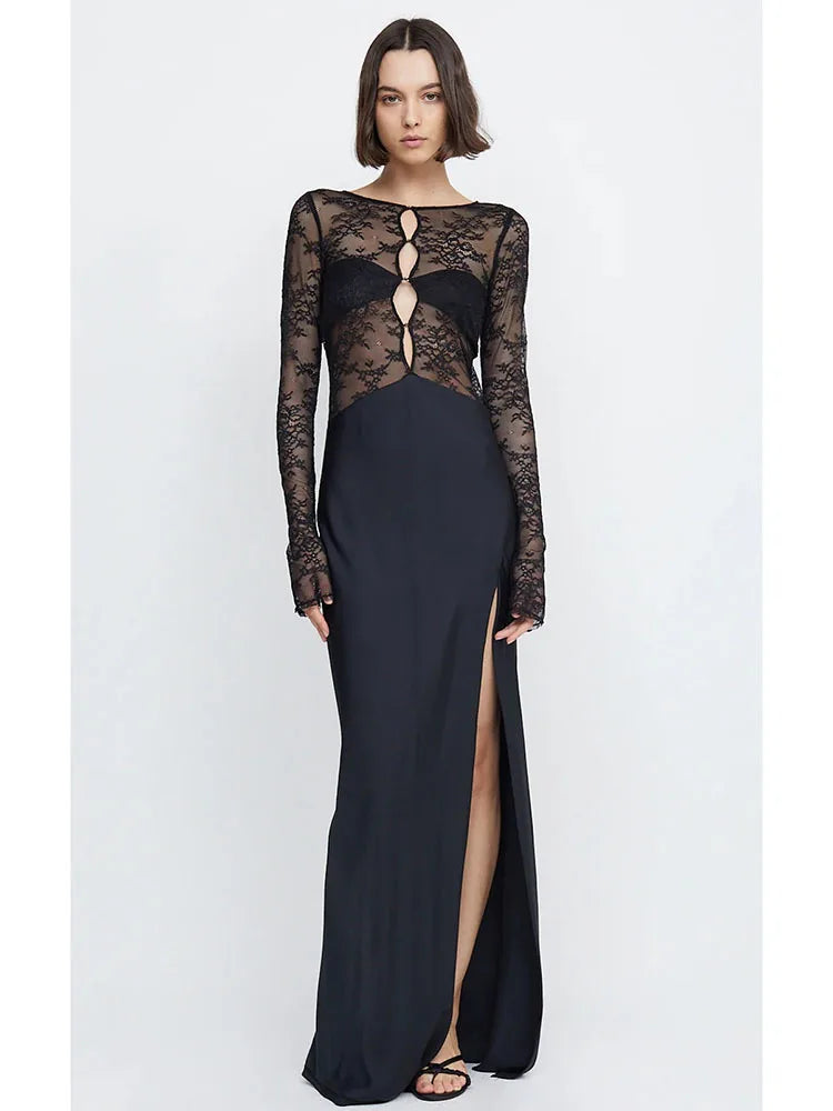 Sexy Lace Patchwork Hollow Out Women Dress Long Sleeve High Split Sheer Female Dress Elegant Party Club Evening Dress