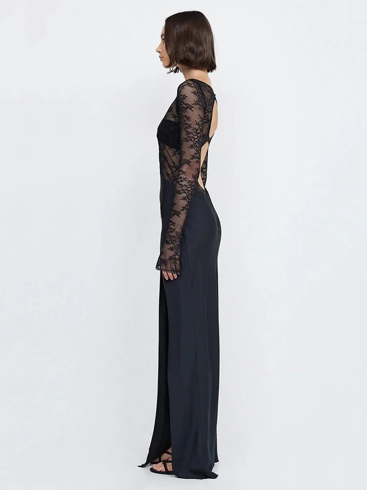 Sexy Lace Patchwork Hollow Out Women Dress Long Sleeve High Split Sheer Female Dress Elegant Party Club Evening Dress