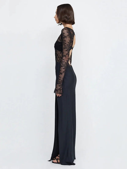 Sexy Lace Patchwork Hollow Out Women Dress Long Sleeve High Split Sheer Female Dress Elegant Party Club Evening Dress