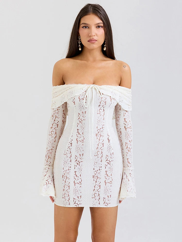 Minifalda ajustada de manga larga con encaje de retazos para mujer, vestido sexy ajustado con encaje calado y mangas acampanadas para fiesta y club.